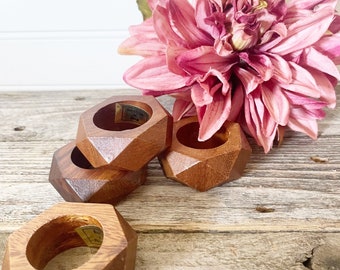 Mid Century Modern Danish Teak Wooden Napkin Rings Set of 4 - Handmade Vintage Wood Dining table decor