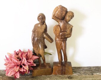 Vintage Working Couple Wooden Statues circa 1970s, Set of 2 Man and Woman, Art Deco Mid Century