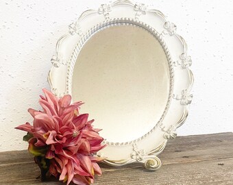 Vintage Oval Wood Rattan White Wall Mirror - Large with Scalloped Edge ; Vintage Bathroom Decor