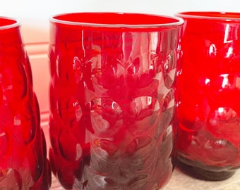 Vintage Anchor Hocking Bubble Glass Ruby Red Glasses ; Iced Tea Tumbler Set of 4 ; Red Glowing Glass