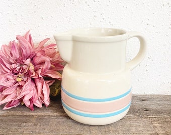 Vintage McCoy Stoneware Crock Pitcher , salt glaze with blue and Pink bands circa 1950, Rustic farmhouse Heavy Crockery