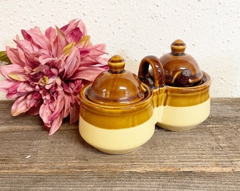 Vintage sugar double dish with lids and spoon; Retro Kitchen Serving Dishes