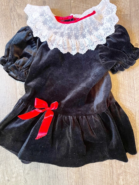 Vintage Girls 4T Black Suede and Lace Christmas d… - image 2