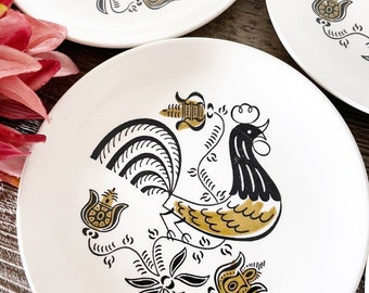 Vintage Black Rooster Side Plates ; white ceramic , mid century kitchen - Set of 5