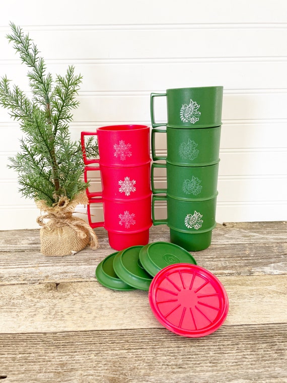 Vintage 1960s/70s Red & Green Holiday Tupperware Stacking Cups/coasters.  Vintage Cups. Tupperware. Stacking Cups. Holiday. Kitchen Decor 