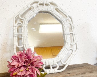 Vintage White Faux Bamboo Wicker Style Wall Mirror, 17”; Wall Hanging ; Octogon Boho Decor