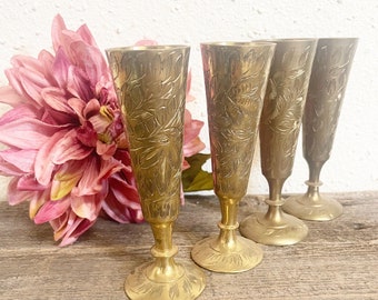 Antique Solid Brass Etched Footed Shot Glasses ;Set of 4,  Mid Century Gold, Hollywood Regency