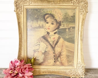 Antique Wooden Portrait Picture Frame White Wash Trim, 15” x 17” wall mount, Solid Wood with carved flourishes