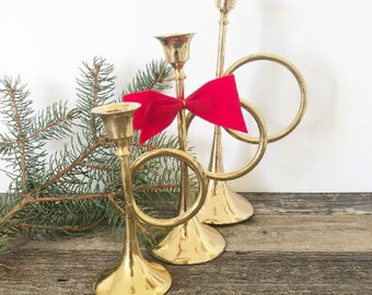 Vintage Large Solid Brass Candlesticks, French Horns, Set of 3 holiday home decor, Christmas decoration or Confederate Bugle