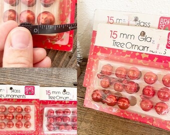Vintage Mini Red Glass Christmas Ornaments, 15 in Box, Hand-painted, circa 1970s ; Brite Star 15 mm