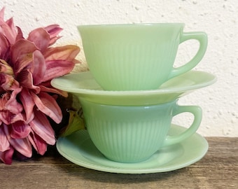 Vintage Jadeite Jane Ray Teacups and Saucers (2 sets)  green glass, 1950s Oven Ware