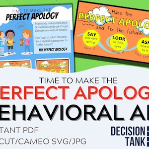 Pode incluir: Um cartaz imprimível com fundo verde e o texto "Time to Make the Perfect Apology Behavioral Aid". O cartaz apresenta duas ilustrações coloridas com dicas sobre como fazer um pedido de desculpas sincero. O texto no cartaz inclui "Diga que estava errado", "Olhe nos olhos" e "Pergunte como consertar".