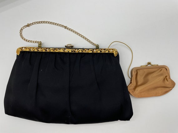 Vintage Black Satin Clutch with attached coin pur… - image 1