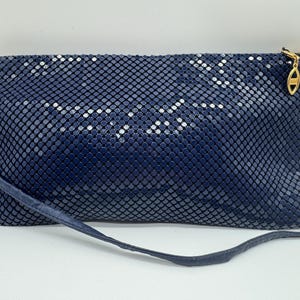 Blue Metal Mesh Bag with Long Skinny Leather Strap