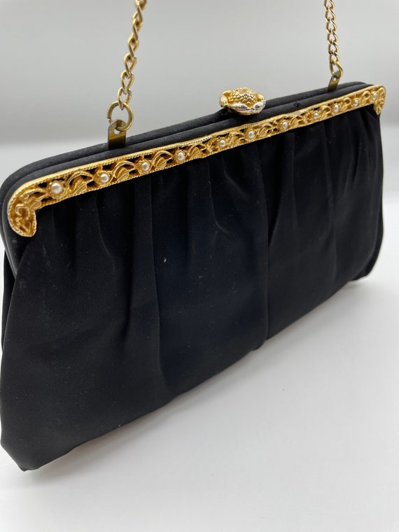 Vintage Black Satin Clutch with attached coin pur… - image 4