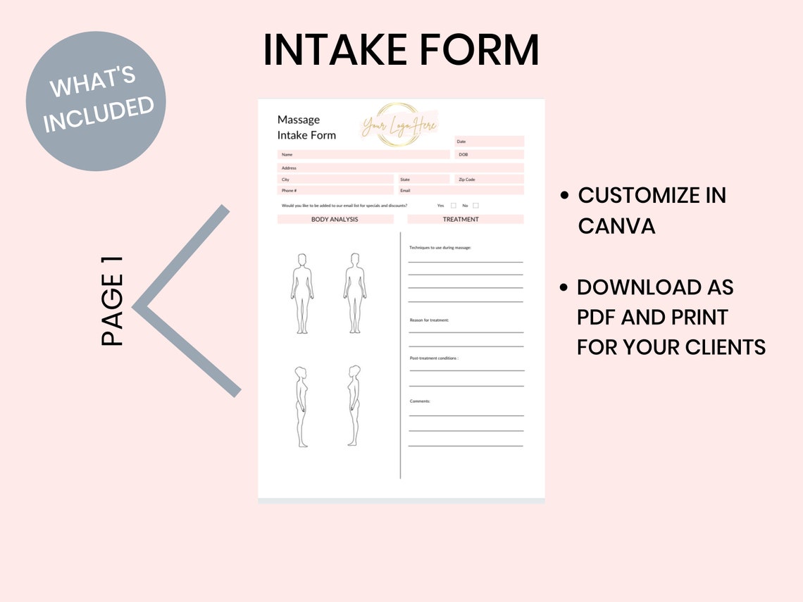Massage Form Intake Consent Form Body Diagram Massage Etsy