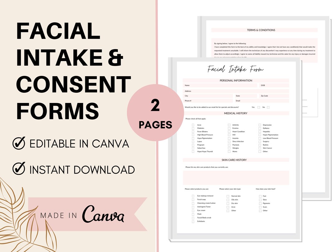 Facial Intake Form Client Intake Form Esthetician Form Etsy