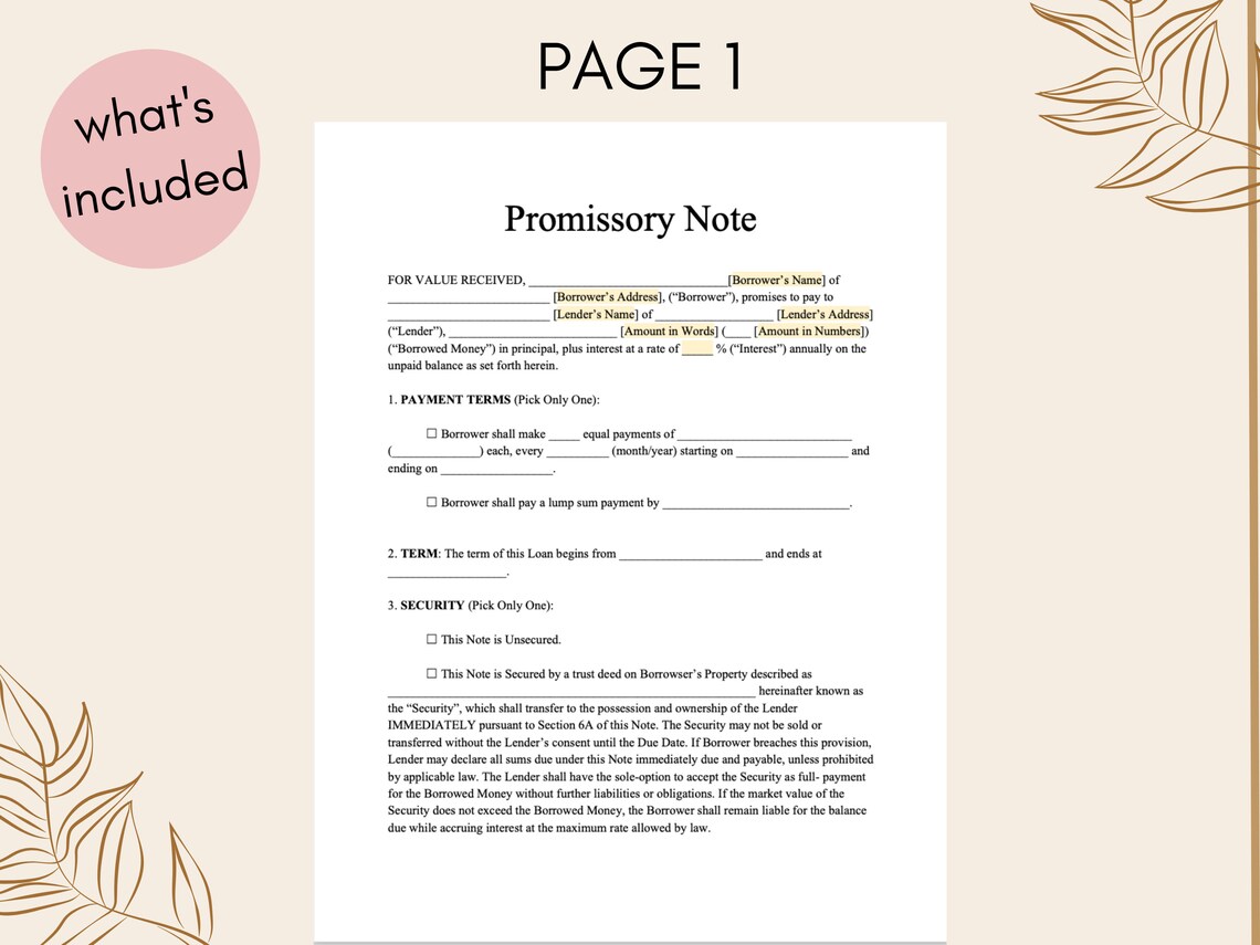 promissory-note-form-editable-form-pdf-micorsoft-word-doc-etsy