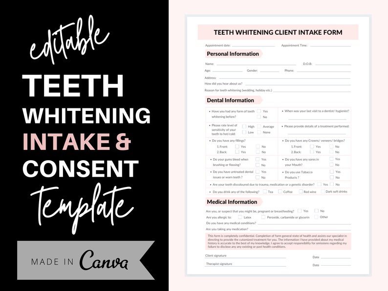 Teeth Whitening Intake and Consent Forms Editable Canva Form Etsy México