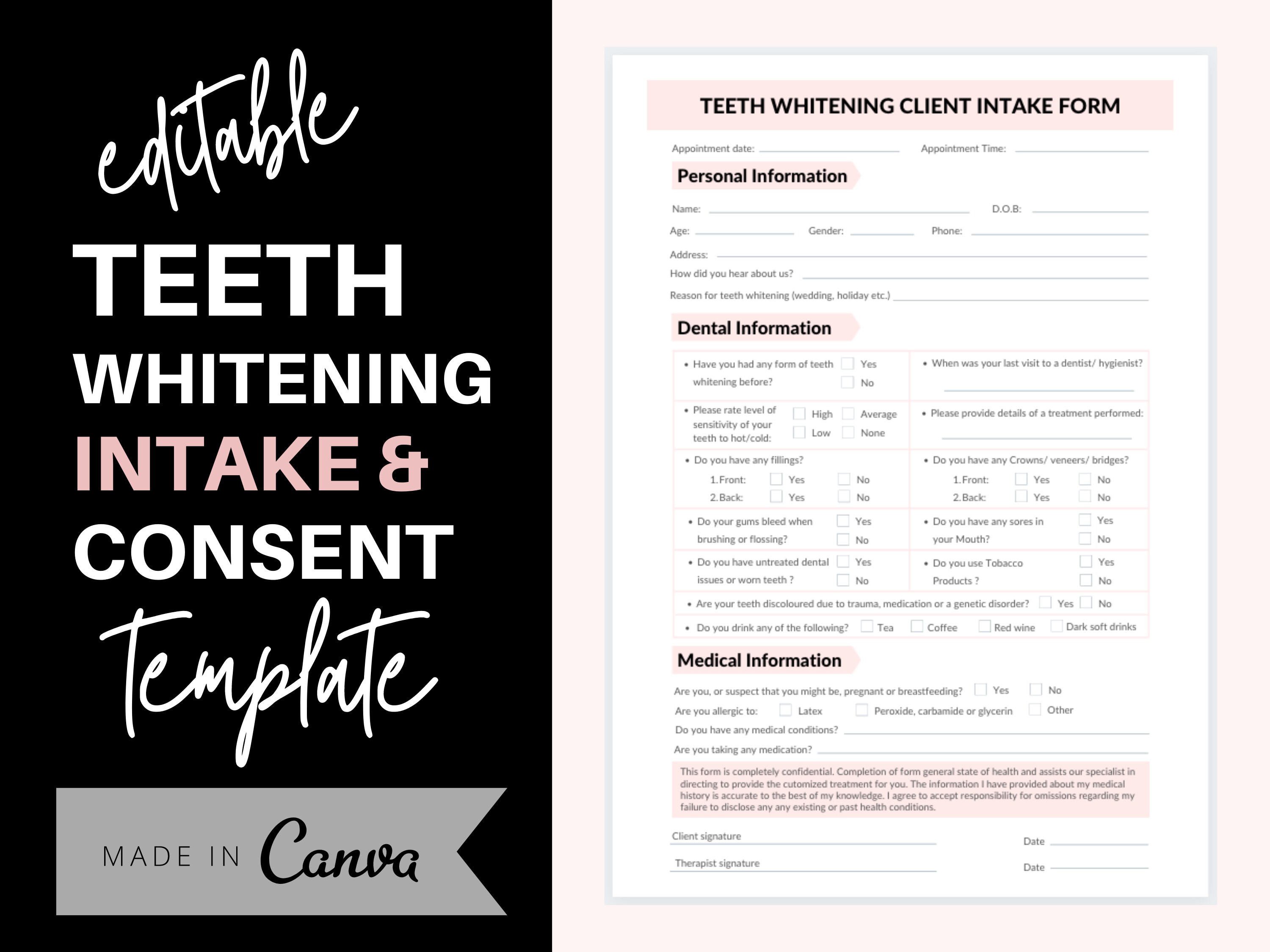 Teeth Whitening Consent Forms Teeth Whitening Kit White Etsy Canada