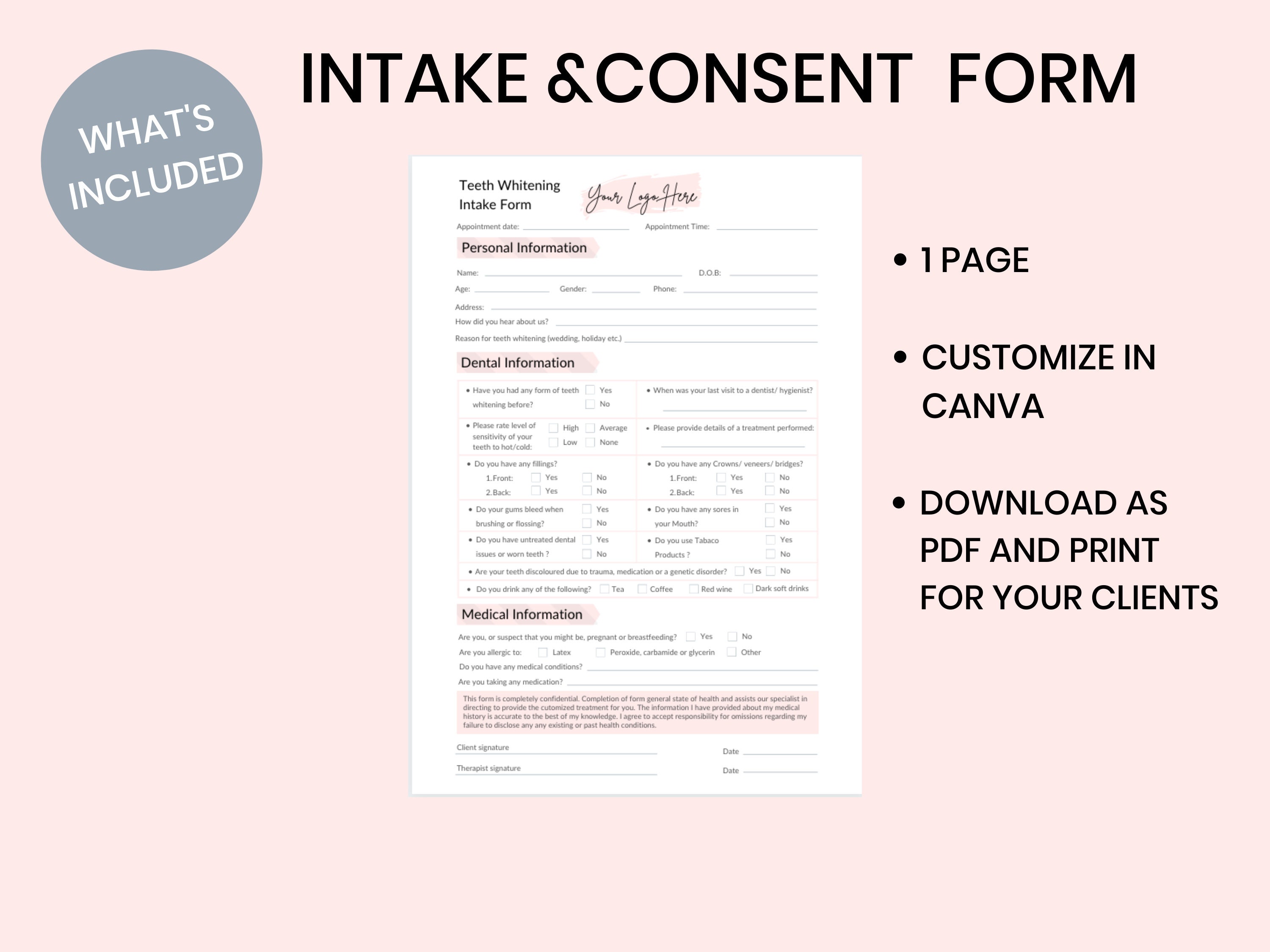 Teeth Whitening Consent Forms Teeth Whitening Kit White Etsy