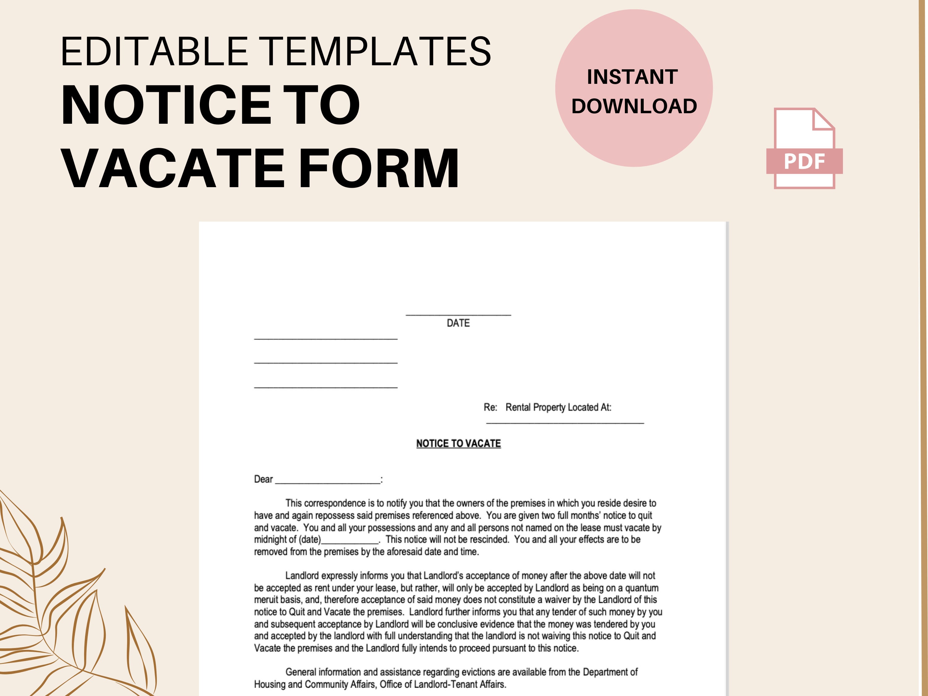 Notice to Vacate Form Eviction Form Editable Form PDF and - Etsy India