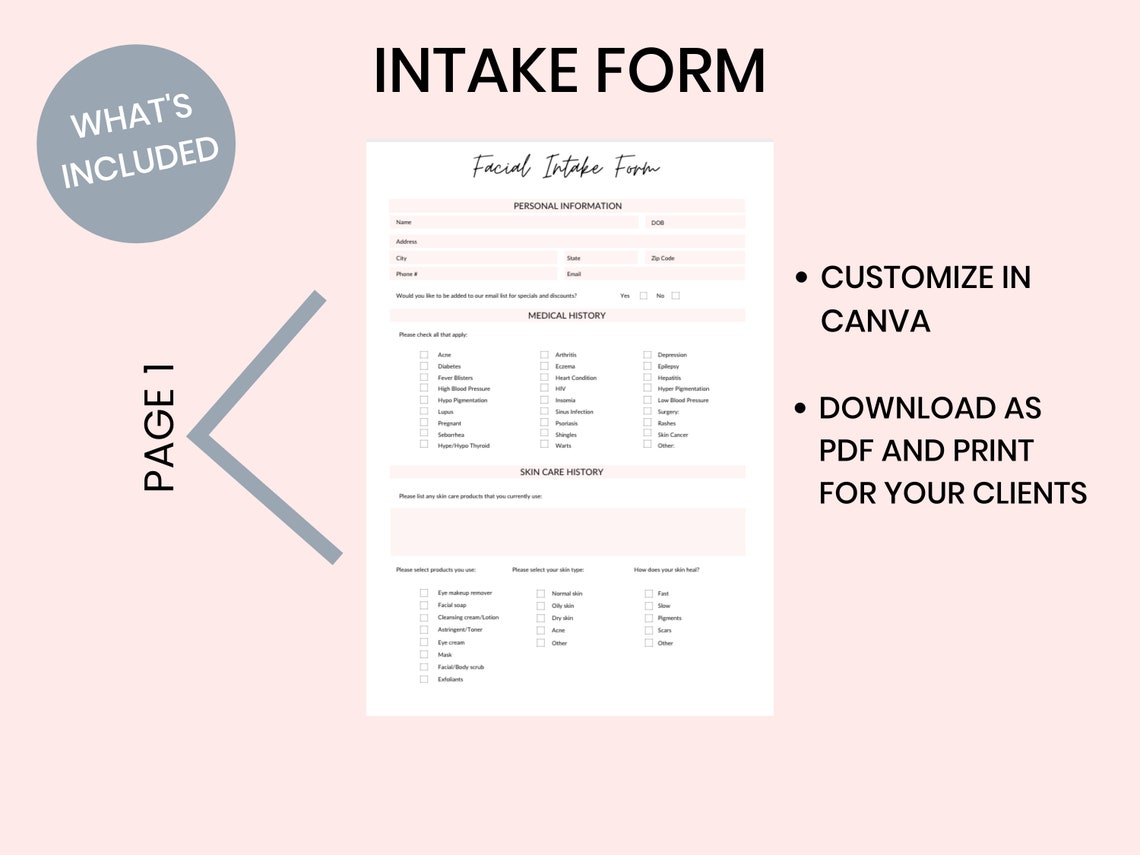 Facial Intake Form Client intake form Esthetician Form Etsy
