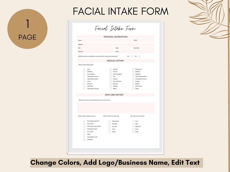 Facial Intake Form Client Intake Form Esthetician Form - Etsy