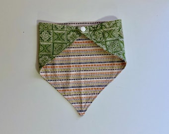 Reversible Dog Bandana With Snaps, Green Squares and Orange Plus Stripes, Gifts for Dog Owners, Gifts for Dog Lovers, Dog Accessories
