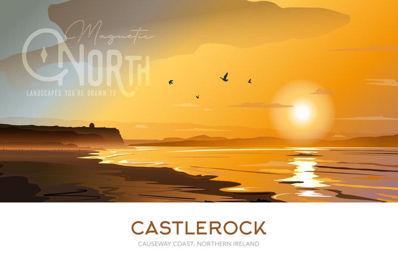 Castlerock Travel prints, Ireland. Irish travel prints from Magnetic North Art.
Castlerock Beach, beach art, North Antrim coast, Northern Ireland art prints, Rathlin travel prints, poster art.