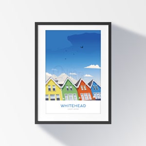 Whitehead, Print, coloured, houses, print, travel print, County Antrim, whitehead artwork, whitehead landmark, mid and east Antrim landscape