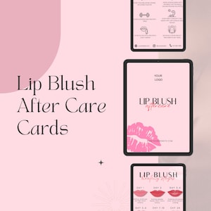 Plantilla de cuidado posterior de rubor de labios, tarjeta de cuidado posterior editable, etapas de curación de rubor de labios, negocio de maquillaje permanente, tatuaje de labios, imprimible, instantáneo