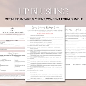Lip Blushing Consent Form Bundle, Lip Blush Intake Form, Aftercare, Editable Esthetician Business Form, PMU, Canva Form, Lip Tattoo Form