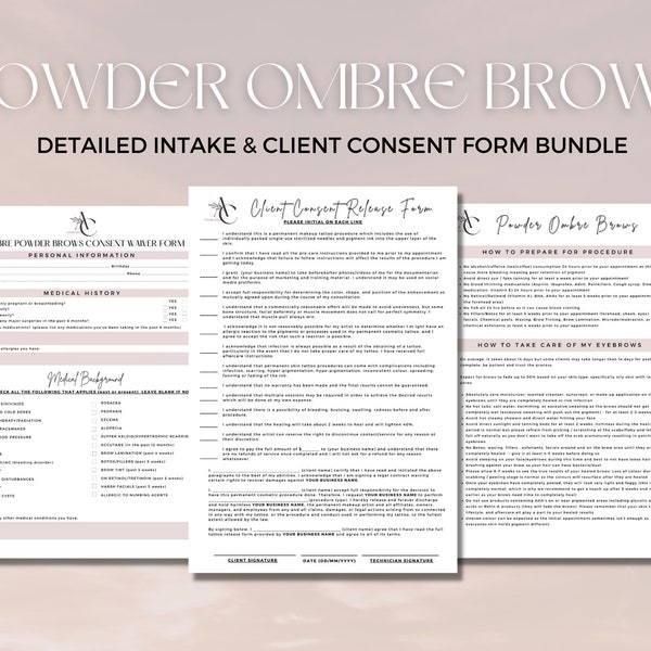 Editable Ombre Powder Brow Intake Consent Forms, Precare, Aftercare  DIY Editable Printable Canva Template, PMU Forms, Tattoo Form, Cosmetic