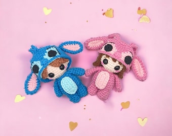 Amigurumi pattern for a couple dressed as Stitch and Angela Valentine's Day - Stitch and Angela couple amigurumi pattern - Valentine's Day