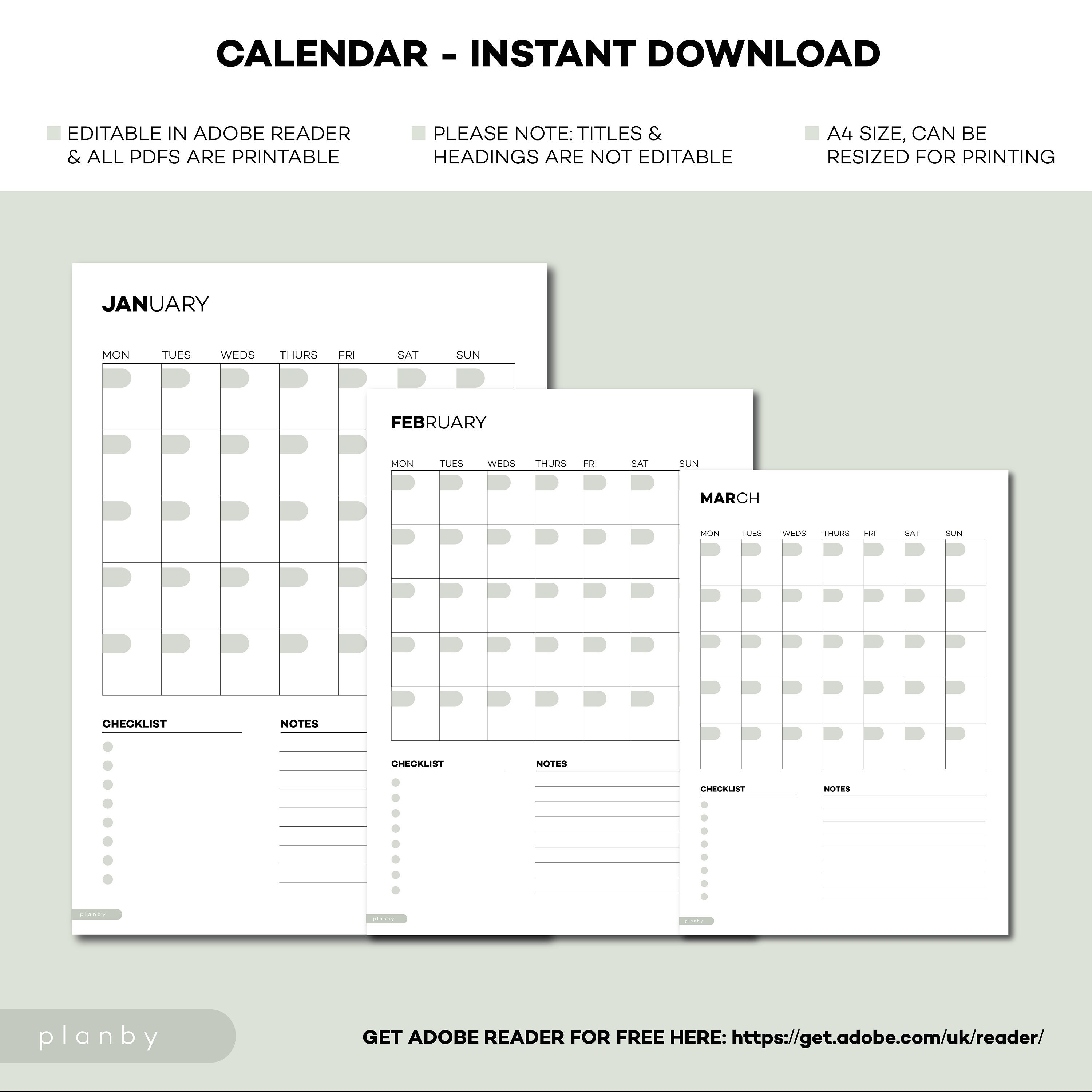 Calendar Template Download Editable Yearly Calendar A4 PDF | Etsy