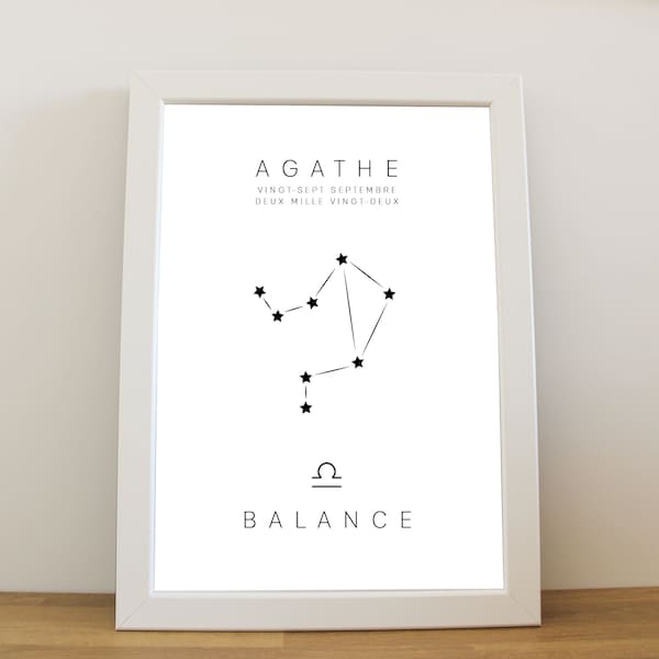 AFFICHE NAISSANCE | Signe Astrologique - Prénom - Date de Naissance - Noir et Blanc