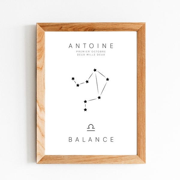 AFFICHE NAISSANCE | Signe Astrologique - Prénom - Date de Naissance - Noir et Blanc