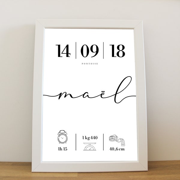 AFFICHE NAISSANCE | Date | Lieu | Heure | Poids | Taille | Noir & Blanc