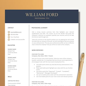 Executive Resume, Professional Resume Template for Word, Pages and Google Docs, Matching Cover Letter, C Level Resume, CV Template