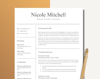 Teacher Resume Template for Word and Pages, 1, 2 and 3 Page Resume Template and Cover Letter, Middle School Teacher Resume