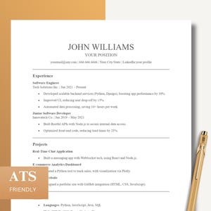 Modèle de CV ATS, Ingénieur logiciel, Développeur Web, Technologie et CV de stage, Conception professionnelle entièrement modifiable, Optimisé ATS