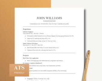 Plantilla de currículum de ATS, currículum de ingeniero de software, desarrollador web, tecnología y pasantía, diseño profesional completamente editable, optimizado para ATS