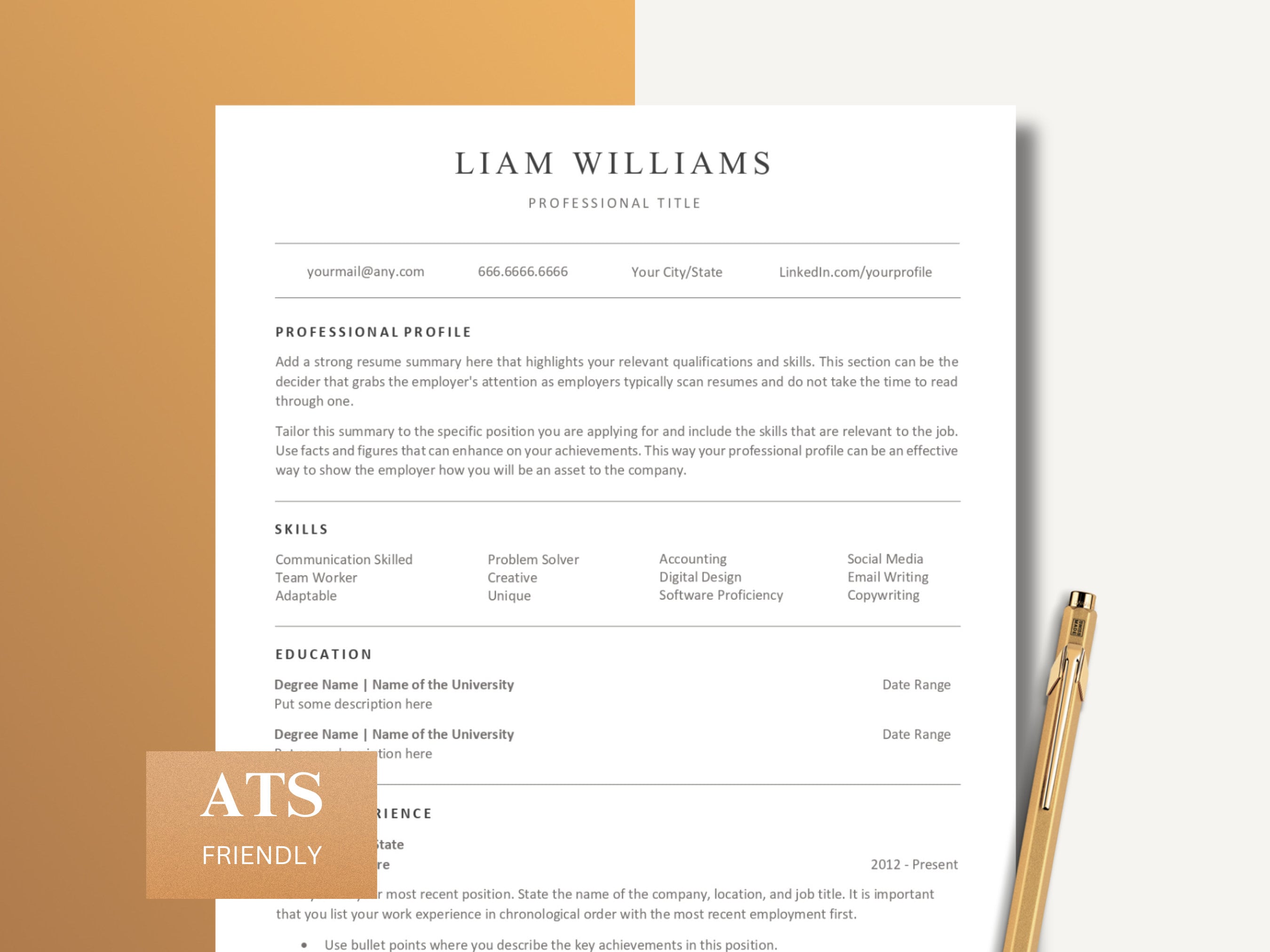 ATS Friendly Resume Template, Modern Resume Template for Word and Pages ...