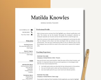 Teacher Resume Template for Word and Pages, Middle School Teacher, 1, 2 and 3 Page Resume Template and Cover Letter, Download