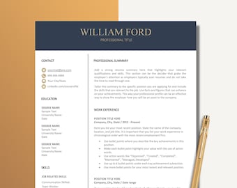 May include: A blue and white resume template with the name "William Ford" at the top. The resume includes sections for contact information, education, skills, work experience, and a professional summary.