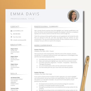 Plantilla de currículum ejecutivo minimalista con foto, compatible con ATS, totalmente personalizable, carta de presentación, plantilla de CV Guía de currículum gratis