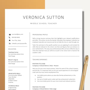 Teacher Resume Template for Word and Pages, Middle School Teacher, 1, 2 and 3 Page Resume Template and Cover Letter,Teaching Resume