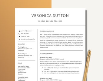 Teacher Resume Template for Word and Pages, Middle School Teacher, 1, 2 and 3 Page Resume Template and Cover Letter,Teaching Resume
