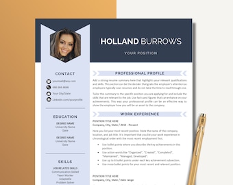 Plantilla de CV moderna con foto, CV con foto, Plantilla de CV de 1,2 y 3 páginas + Carta de presentación para Word y Pages, Plantilla de CV con foto